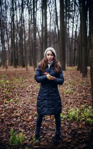 女人站在黑暗的寒冷森林背景 — 图库照片