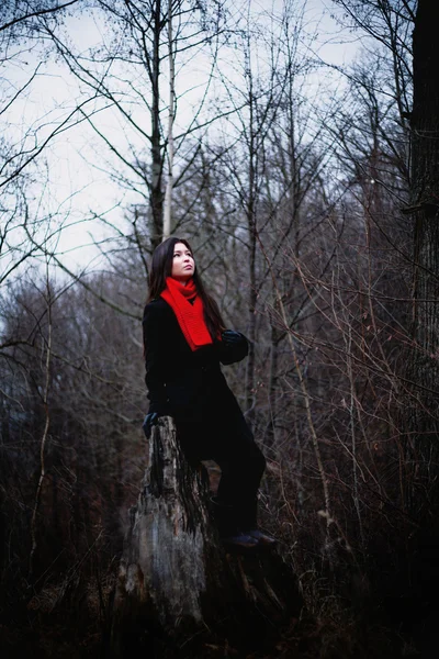 Woman in black coat and red scarf sitting in cold dark forest — Stock Photo, Image