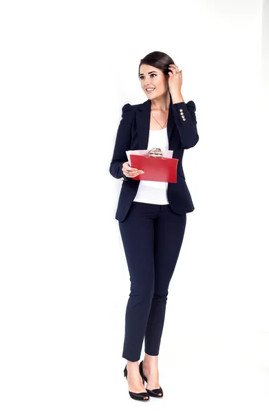 Mujer de negocios feliz éxito con carpeta roja sobre fondo blanco —  Fotos de Stock