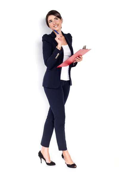 Happy successful business woman with red folder on white background — Stock Photo, Image