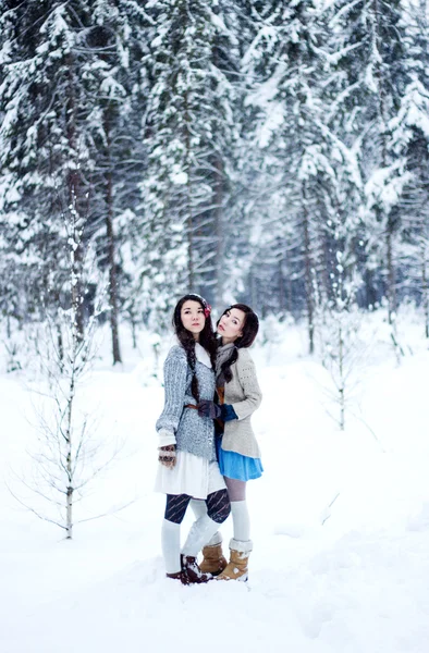 Mujeres de moda en suéteres cálidos sobre fondo de bosque de nieve blanco —  Fotos de Stock