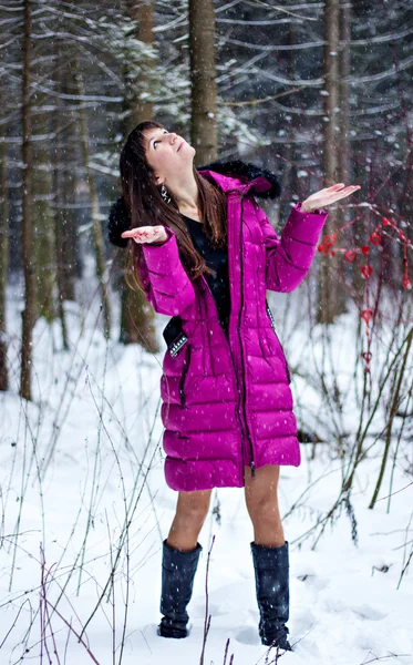 Portrait de belle femme dans la forêt d'hiver de neige — Photo