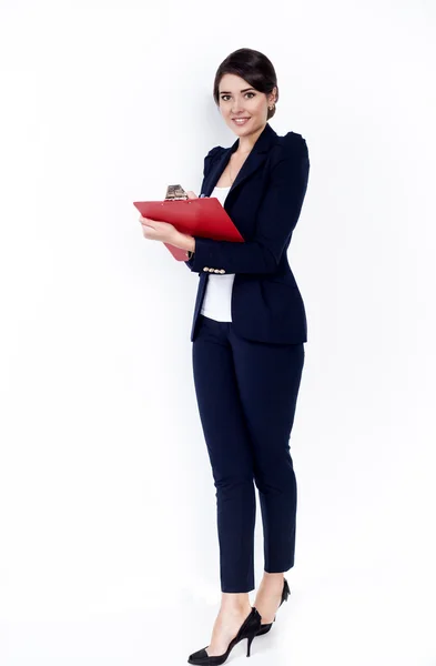 Happy successful business woman with red folder on white background — Stock Photo, Image