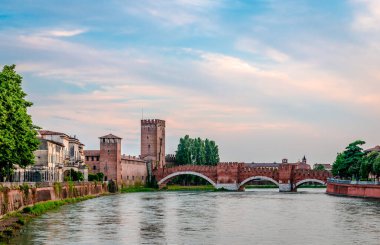 Museo di Castelvecchio and Castel Vecchio Bridge (or Scaliger Bridge), a medieval fortified bridge that spans river Adige in Verona, Veneto, Italy.