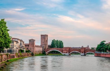 Museo di Castelvecchio and Castel Vecchio Bridge (or Scaliger Bridge), a medieval fortified bridge that spans river Adige in Verona, Veneto, Italy.