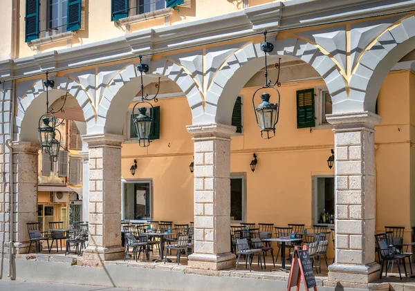 Corfu Greece June 2022 Arcaded Neoclassical Building Sidewalk Cafes Theotoki — ストック写真