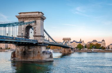 Budapest, Hungary - October 4 2018: Sunset with the Chain Bridge and with Pest, the eastern side of the city in the background.