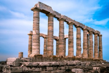 The ruins of the temple of Poseidon, in Cape Sounion, Attica, Greece.
