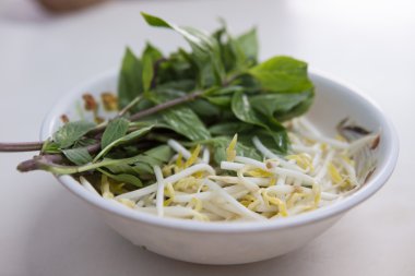 Fasulye filizi ve Reyhan, yan yemekler Tay Noodle ile hizmet