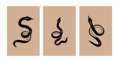 Ay 'la boho stili sihirli yılan. Moda minimalist tarzında mistik sembol koleksiyonu. Esrarengiz vektör illüstrasyonu