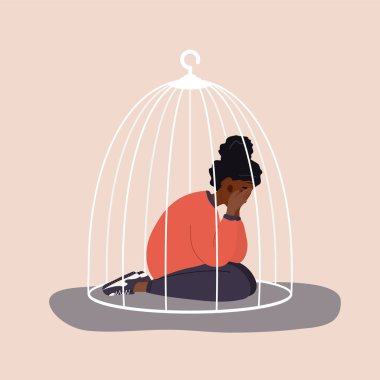 Afrikalı kadın kafese kapatıldı. Üzgün ergen yerde oturup ağlıyor. Sosyal izolasyon kavramı. Kadın yetkilendirme hareketi. Aile içi şiddet. Çizgi film tarzında vektör illüstrasyonu