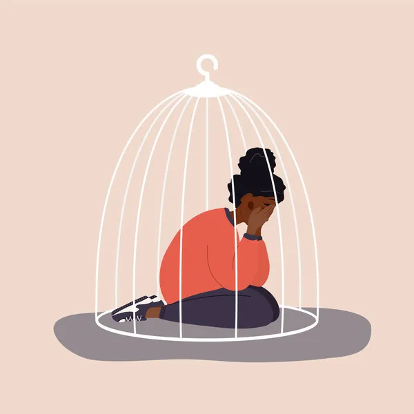 African woman locked in cage. Sad teenager sitting on floor and crying. Social isolation concept. Female empowerment movement. Violence in family. Vector illustration in cartoon style — Stock Vector
