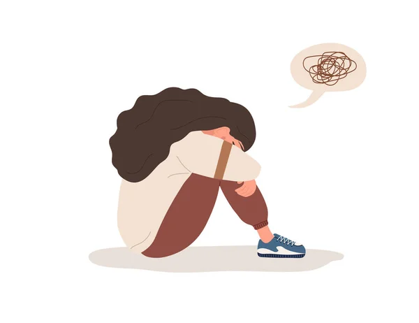 Θλιβερή γυναίκα. Λυπημένος έφηβος κάθεται στο πάτωμα και κλαίει. Η βία στην οικογένεια ή η διαταραχή της διάθεσης έννοια. Εικονογράφηση διάνυσμα σε επίπεδο στυλ κινουμένων σχεδίων — Διανυσματικό Αρχείο