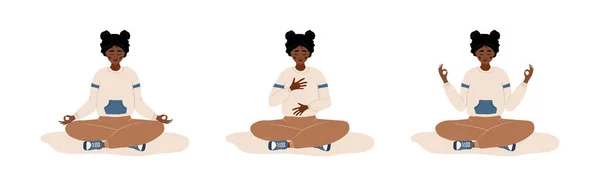Respiro addominale. Donna africana che pratica la respirazione ventre per il relax. Esercizio di yoga di consapevolezza del respiro. Meditazione per il corpo, la mente e le emozioni. Pratica spirituale. Illustrazione vettoriale cartone animato — Vettoriale Stock
