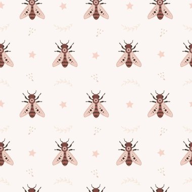 Boho Bal Arısı 'nın kusursuz deseni. Göksel elementlere sahip bir böcek. Tekstil, kumaş, parmak izi için cadı ve sihirli sembol. Bohem tarzında soyut el çizimi vektör çizimi