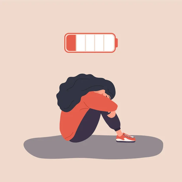 Professional burnout. Exhausted girl with low battery sitting on floor and crying. Mental health problem. Deadline, stress and fatigue concept. Vector illustration in flat cartoon style — Stock Vector