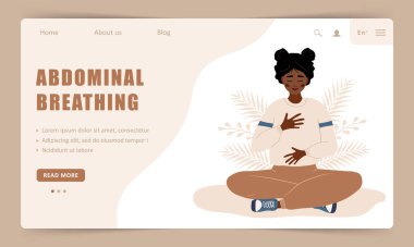 Diyafragmatik nefes. İniş sayfası şablonu. Afrikalı kız rahatlamak için karın nefes alma alıştırması yapıyor. Beden, akıl ve duygular için meditasyon. İnternetteki yoga. Düz çizgi film vektör çizimi