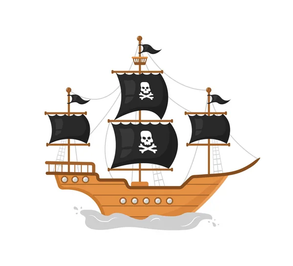 Navio pirata de madeira. Ícone de pirataria isolado no fundo branco. Ilustração vetorial em estilo de desenho animado plano — Vetor de Stock
