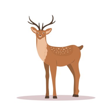 Şirin, asil, hasta bir geyik. Beyaz arka planda boynuzları olan ren geyiği. Ruminant memeli hayvan. Çizgi film tarzında vektör illüstrasyonu