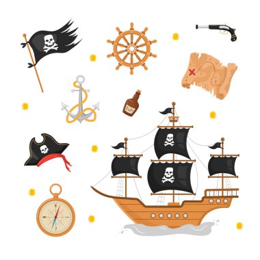 Bundle of pirate items. Ship, flag, hat, map, anchor, compass. Piracy collection isolated on white background. Childish vector illustration in flat cartoon style clipart