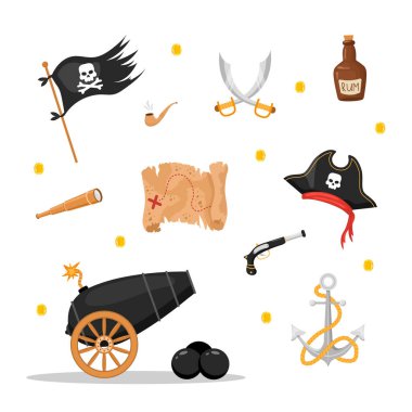 Korsan koleksiyonu. Bayrak, şapka, harita, çapa, silah, kılıç. Korsanlık öğeleri beyaz arka planda izole edildi. Düz çizgi film tarzında çocuksu vektör illüstrasyonu