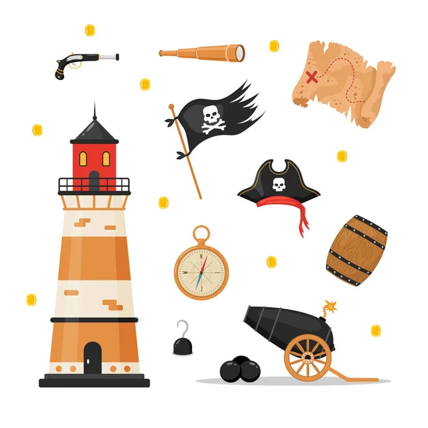 Um pacote de itens piratas. Farol, bandeira, chapéu, vidro espião, mapa. Coleção de pirataria isolada sobre fundo branco. Ilustração vetorial infantil em estilo de desenho animado plano — Vetor de Stock