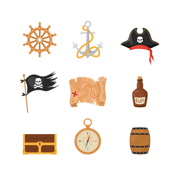 Пакет пиратских предметов. Колесо, флаг, шляпа, карта, якорь, компас, сундук с сокровищами. Коллекция пиратства выделена на белом фоне. Детская векторная иллюстрация в плоском мультипликационном стиле