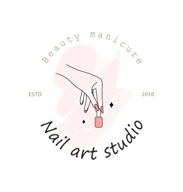 Tırnak sanatları stüdyosu için vektör logosu tasarımı. Manikür ve pedikür salonu güzellik ve kaplıca merkezi için modern tasarım. Pembe suluboya arkaplanda izole edilmiş doğrusal simge