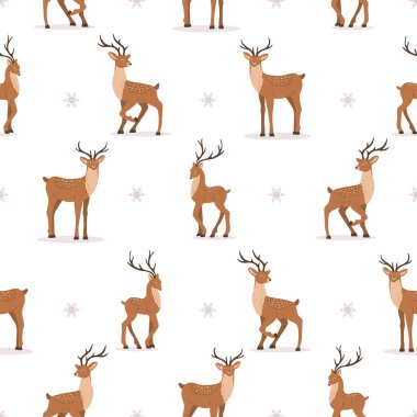 Asil Sika geyiğiyle hoş, pürüzsüz bir desen. Farklı pozlarda geyik boynuzları. Ruminant memeli hayvan. Çizgi film tarzında vektör illüstrasyonu