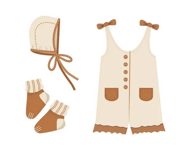 Babyboho-Kleidung. Nettes kleines Mädchen Kleiderschrank. Kids skandinavisches Outfit. Vektorillustration im flachen Cartoon-Stil. Vintage-Kleidung für Kinder — Stockvektor
