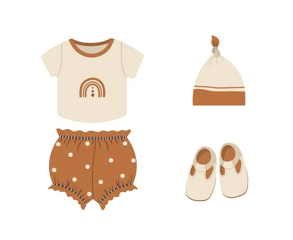 Babyboho-Kleidung. Netter Junge Kleiderschrank. Kids skandinavisches Outfit. Vektorillustration im flachen Cartoon-Stil. Vintage-Kleidung für Kinder — Stockvektor