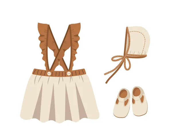 Babyboho-Kleidung. Nettes kleines Mädchen Kleiderschrank. Kids skandinavisches Outfit. Vektorillustration im flachen Cartoon-Stil. Vintage-Kleidung für Kinder — Stockvektor