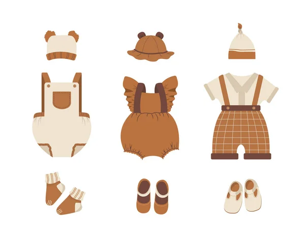 Babykleidersammlung. Boho-Outfit. Netter kleiner Junge oder Mädchen Kleiderschrank. Vektorillustration im flachen Cartoon-Stil. Zubehör für Neugeborene — Stockvektor