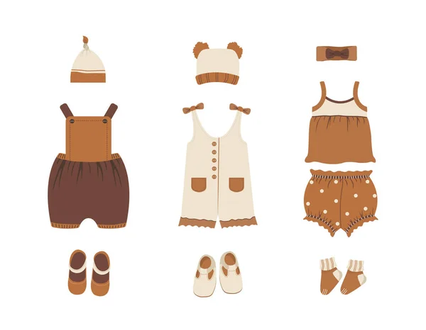Babykleidersammlung. Boho-Outfit. Netter kleiner Junge oder Mädchen Kleiderschrank. Vektorillustration im flachen Cartoon-Stil. Zubehör für Neugeborene — Stockvektor