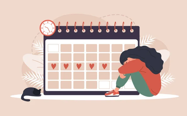 Woman period. Menstruation calendar shedule. Female critical day problems. Sad girl with pms. Vector illustration in flat cartoon style — Stock Vector