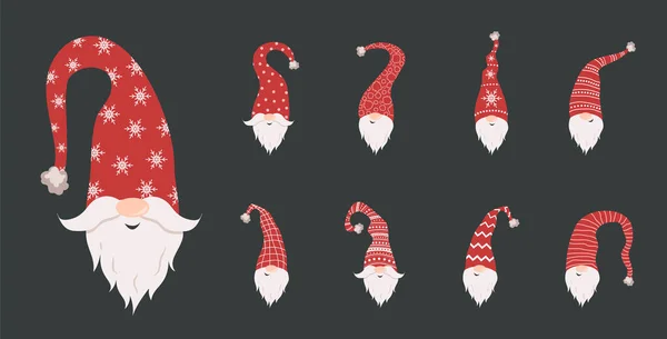 Roztomilé gnómové tváře v Santa klobouky na černém pozadí. Skandinávští vánoční elfové. Vektorová ilustrace v plochém kresleném stylu. Nordic element design for greeting cards, season greetings, web, wrapper — Stockový vektor