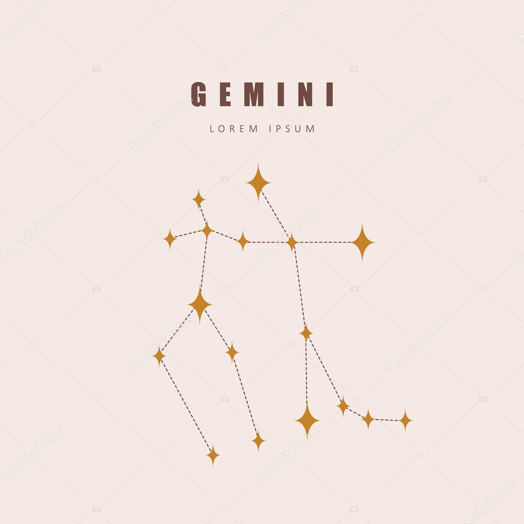 Gemini zodiac constellation. Horoscope vector illustration in boho style. Mystery and esoteric. Spiritual tarot poster. Magic occult and astrology card
