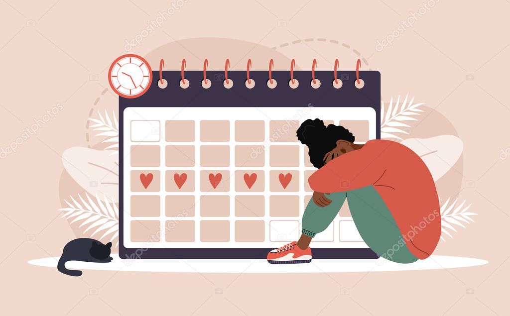 Woman period. Menstruation calendar shedule. Female critical day problems. Sad african girl with pms. Vector illustration in flat cartoon style
