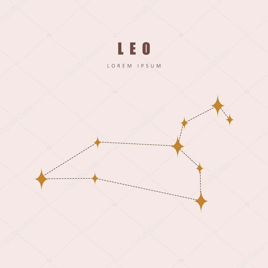 Leo zodiac constellation. Horoscope vector illustration in boho style. Mystery and esoteric. Spiritual tarot poster. Magic occult and astrology card