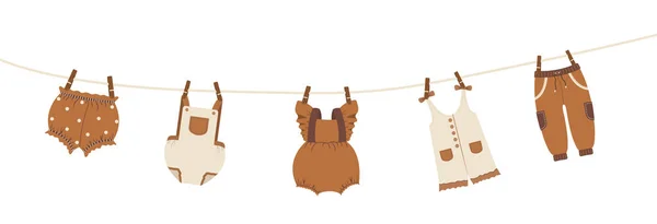 Boho vêtements de bébé séchés sur une corde. Jolie culotte beige après le lavage. Garde-robe pour enfants bohème. Illustration vectorielle vintage en style dessin animé plat — Image vectorielle