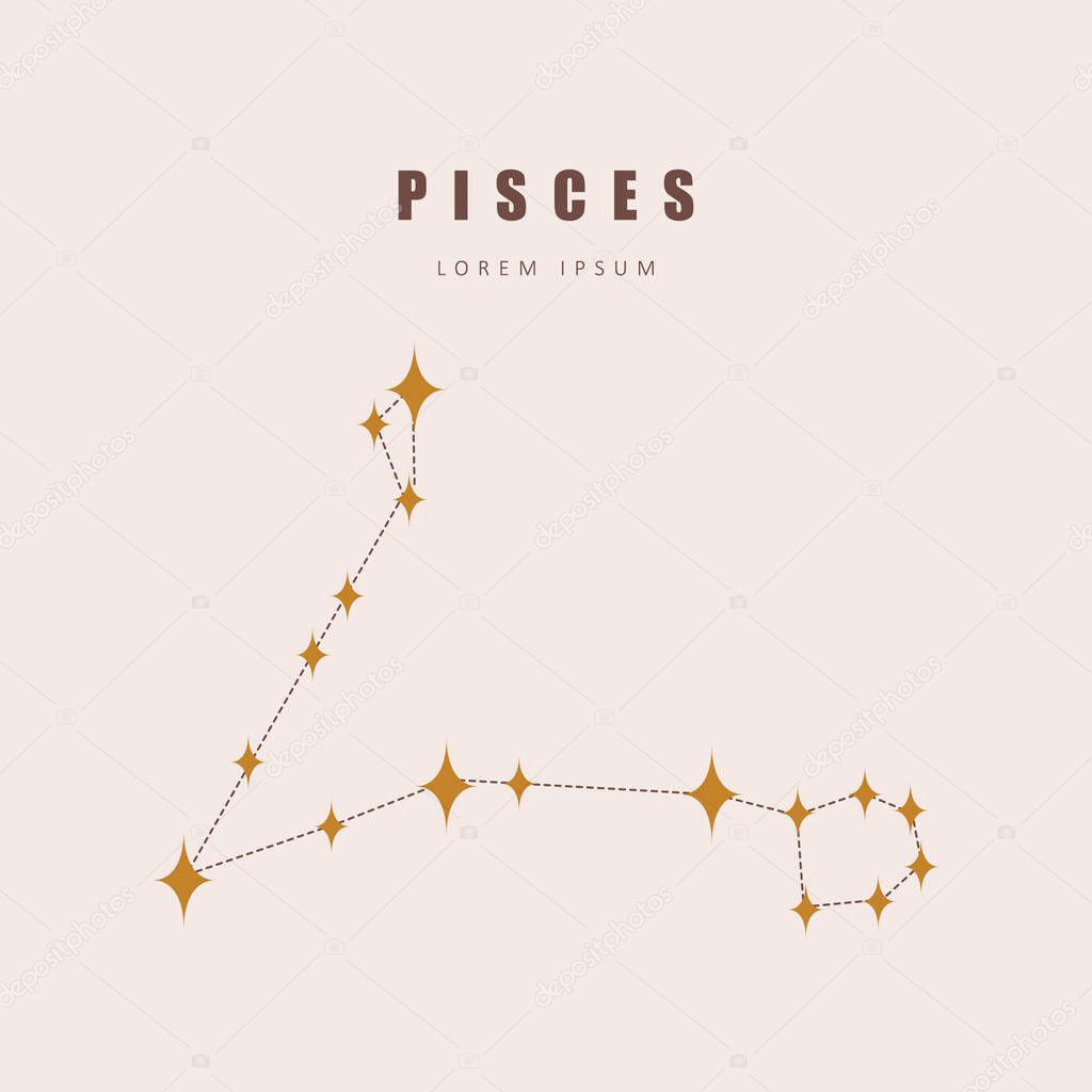Pisces zodiac constellation. Horoscope vector illustration in boho style. Mystery and esoteric. Spiritual tarot poster. Magic occult and astrology card
