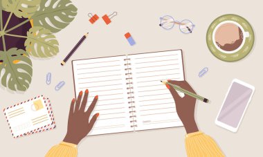 Açık günlük, planlayıcı ya da defter konsepti. Afrikalı kadın günlük yazıyor. Listeleri, hatırlatıcıları, programları ya da gündemleri olan üst düzey bir iş yeri. Planlama ve organizasyon. Çizgi film tarzında vektör illüstrasyonu