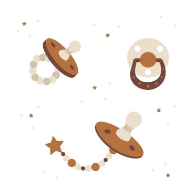 Boho bebek emziği. Beyaz arka planda izole edilmiş yeni doğan için el yapımı İskandinav unsurları. Çizgi film tarzında vektör illüstrasyonu