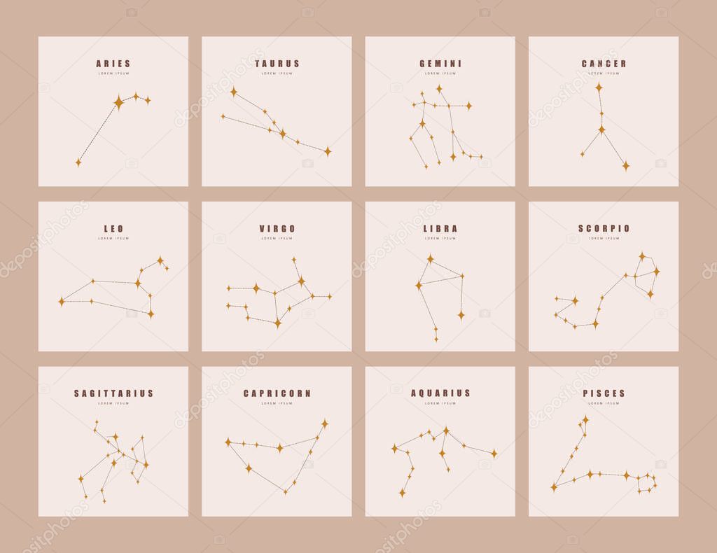 Set of zodiac constellations. Horoscope vector illustration in boho style. Mystery and esoteric. Spiritual tarot poster. Magic occult and astrology cards