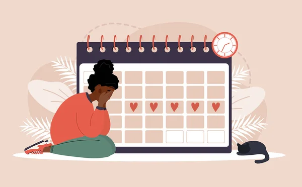 Woman period. Menstruation calendar shedule. Female critical day problems. Sad african girl with pms. Vector illustration in flat cartoon style — Stock Vector