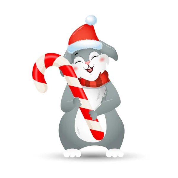 兔子年。圣诞兔子，头戴棒棒糖帽。中国新年2023的象征。用卡通风格的矢量图解.贺卡、假日横幅、装饰品的设计元素 — 图库矢量图片