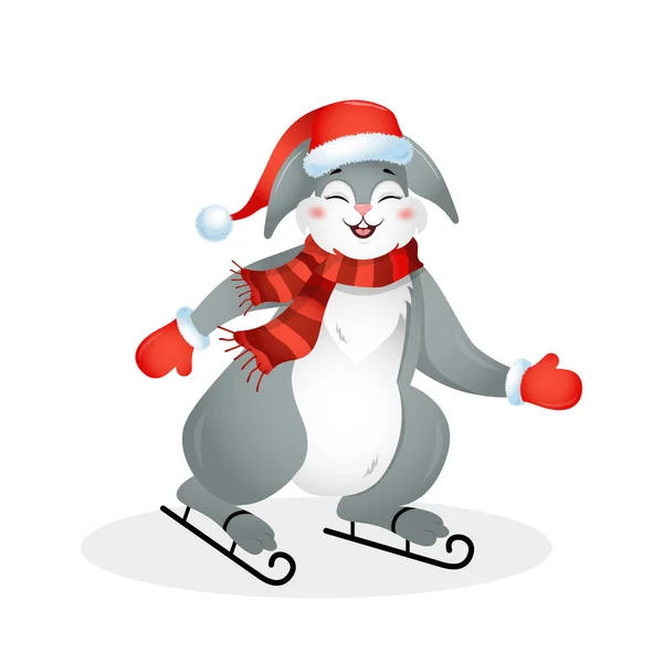 Jaar van het konijn. Kerstkonijn in kerstmuts op schaatsen. Chinees Nieuwjaar 2023 symbool. Vector illustratie in cartoon stijl. Design element voor wenskaarten, vakantiebanner, decor — Stockvector