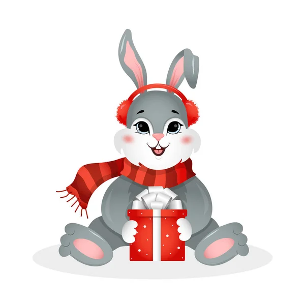 Christmas bunny in santa hat with gift box. Year of rabbit. Chinese New year 2023 symbol. Vector illustration in cartoon style. Design element for greeting cards, holiday banner, decor — Stock vektor