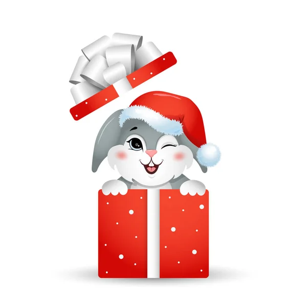 兔子年。礼品盒，圣诞兔子头戴圣诞礼帽。中国新年2023的象征。用卡通风格的矢量图解.贺卡、假日横幅、装饰品的设计元素 — 图库矢量图片