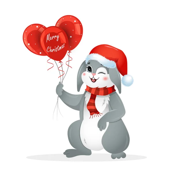 圣诞兔子，戴着印有气球的圣诞帽。兔子年。中国新年2023的象征。用卡通风格的矢量图解.贺卡、假日横幅、装饰品的设计元素 — 图库矢量图片